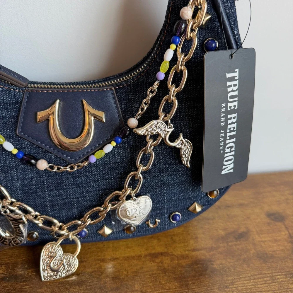New True Religion Blue Denim Hobo Shoulder Handbag Wings Studded Beaded Charms